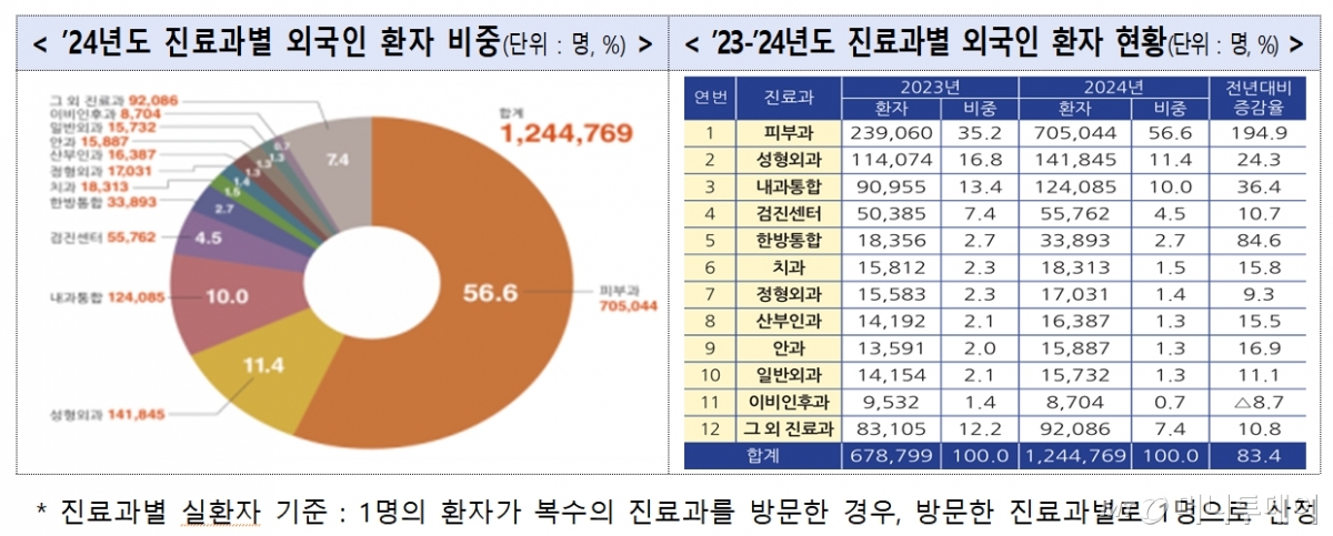  2024년도 진료과별 외국인 환자 비중 및 2023-24년도 진료과별 외국인 환자 현황. /사진제공=보건복지부