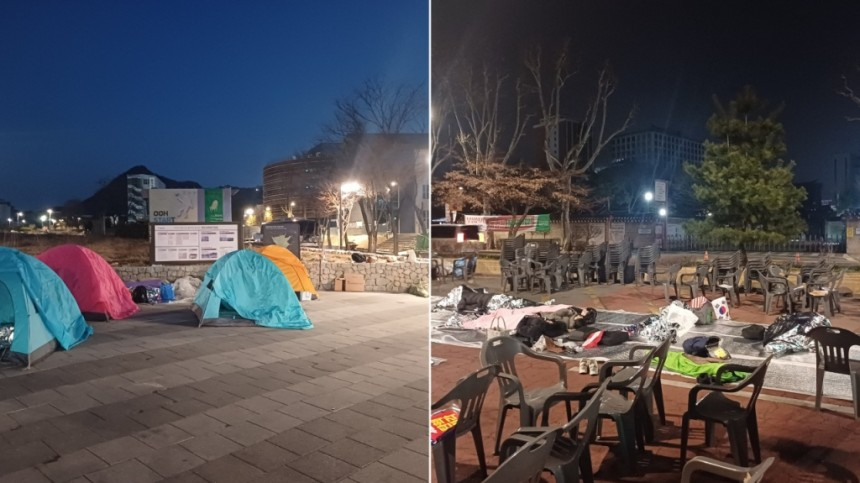 지난 14일 새벽 탄핵 찬성측(왼쪽)과 반대측(오른쪽)이 서울 종로구 헌법재판소 인근에서 철야집회를 열고있는 모습. /사진=오석진 기자