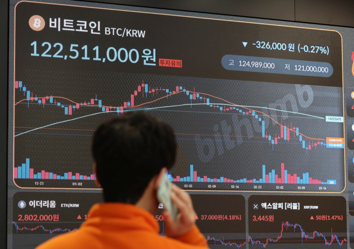 지난달 17일 서울 서초구 빗썸라운지 전광판에 비트코인 등 가상자산 시세가 표시되고 있다. /사진=뉴스1