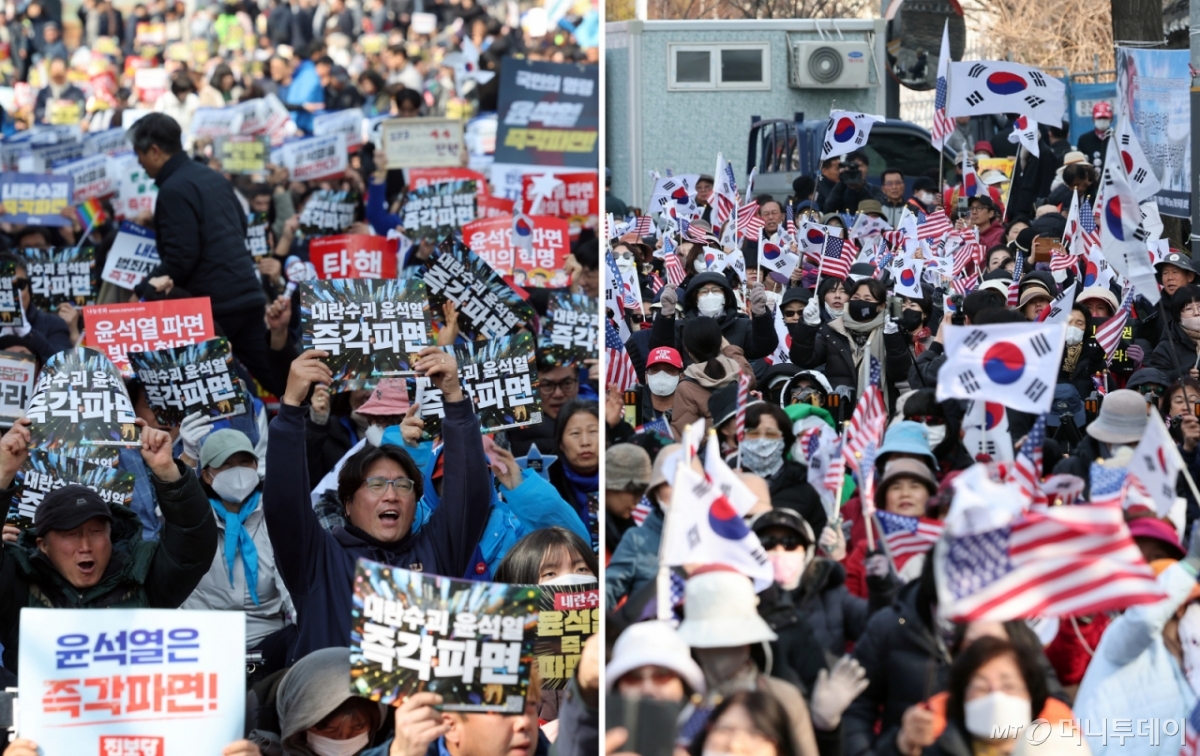 (서울=뉴스1) 김성진 기자,이승배 기자 = 윤석열 대통령 탄핵 선고일인 4일 서울 도심에서 탄핵 찬반 집회가 열렸다. 사진은 이날 서울 종로구 안국역 인근에서 열린 찬성집회(왼쪽)과 용산구 한남동 대통령 관저 인근에서 열린 반대 집회. 2025.4.4/뉴스1 Copyright © 뉴스1. All rights reserved. 무단 전재 및 재배포, AI학습 이용 금지. /사진=(서울=뉴스1) 김성진 기자,이승배 기자