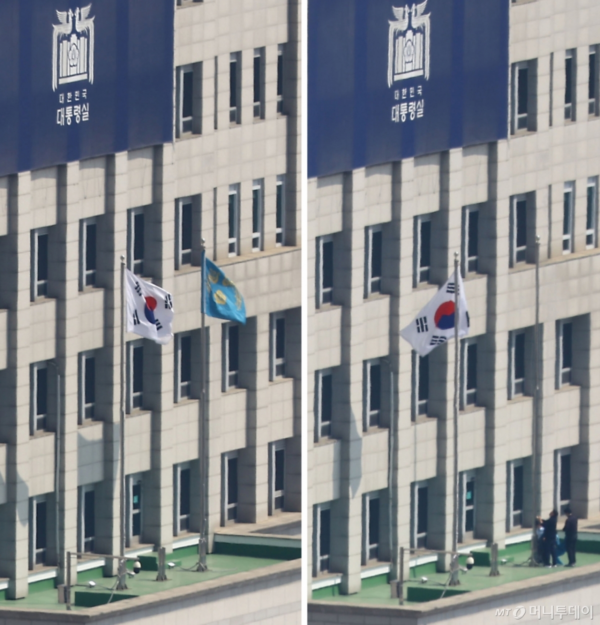 (서울=뉴스1) 사진공동취재단 = 4일 서울 용산구 대통령실에 걸려있던 봉황기(왼쪽)가 헌법재판소의 윤석열 대통령 탄핵 인용 이후 대통령실 관계자들에 의해 내려지고 있다. 2025.4.4/뉴스1  Copyright © 뉴스1. All rights reserved. 무단 전재 및 재배포,  AI학습 이용 금지. /사진=(서울=뉴스1) 사진공동취재단