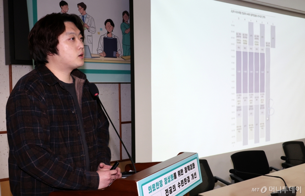 [서울=뉴시스] 조성우 기자 = 박단 대한전공의협의회 비상대책위원장 이 10일 오전 서울 여의도 국회에서 열린 의료현장 정상화를 위한 정책 토론회에서 전공의 수련 환경 문제와 개선 방향을 주제로 발표하고 있다. 2025.03.10. xconfind@newsis.com /사진=조성우
