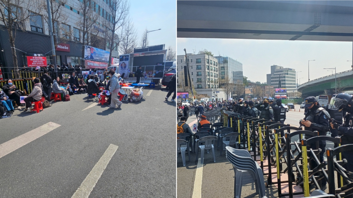 윤 전 대통령에 대한 파면 선고가 나온 뒤인 4일 오후 12시쯤 서울 용산구 한남동 대통령 관저 앞 집회 현장에 빈 자리가 많이 생겼다. 일부 참여자는 자리를 지키며 서로를 독려했다. /사진=오석진 기자.