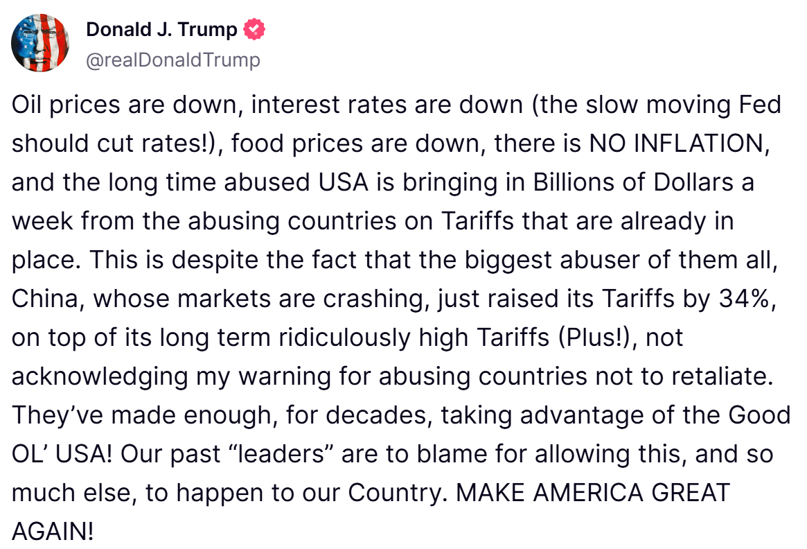 도널드 트럼프 미국 대통령이 7일(현지시간) 연준에 금리 인하를 촉구했다./트루스소셜 계정