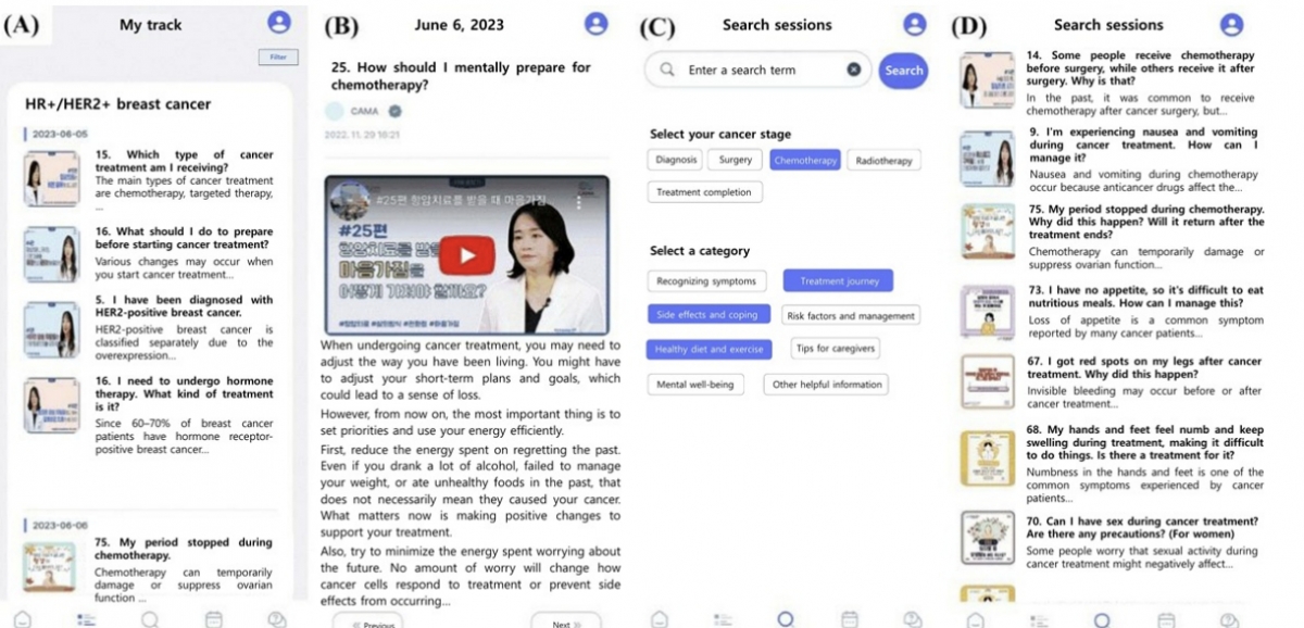 CAMA(Cancer Manager) 앱 콘텐츠 이미지. 환자는 일일 알람을 통해 자신의 유방암 유형 및 치료 단계와 관련된 정보를 받을 수 있다(A). 해당 날짜에 읽을 수 있는 정보가 비디오, 인포그래픽 및 기사의 형태로 제공되며 모든 정보는 혈액 종양학, 유방 외과, 정신건강의학과 전문가에 의해 작성된다(B) 환자가 필요한 정보를 직접 검색하고 확인할 수 있는 기능(C, D)도 탑재됐다./사진=중앙대병원