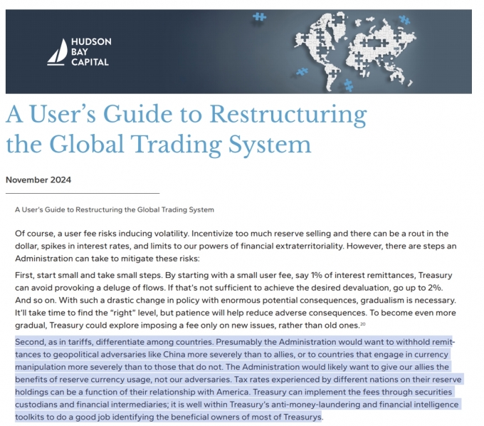 스티븐 미란 백악관 경제자문위원회(CEA) 의장은 지난해 11월 허드슨베이캐피털 재직 시절 '글로벌 무역시스템 재편을 위한 사용자 안내서'라는 보고서 31페이지에 트럼프 2기 행정부가 동맹에 부담을 더 늘리길 바랄 것이라고 전망한 내용. / 사진=허드슨베이캐피털