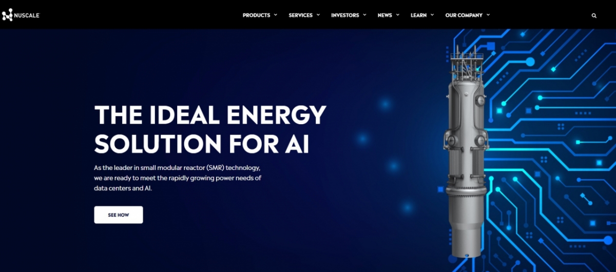 SMR(소형모듈원전)을 AI(인공지능)를 위한 이상적 해결책으로 소개한 뉴스케일 홈페이지.