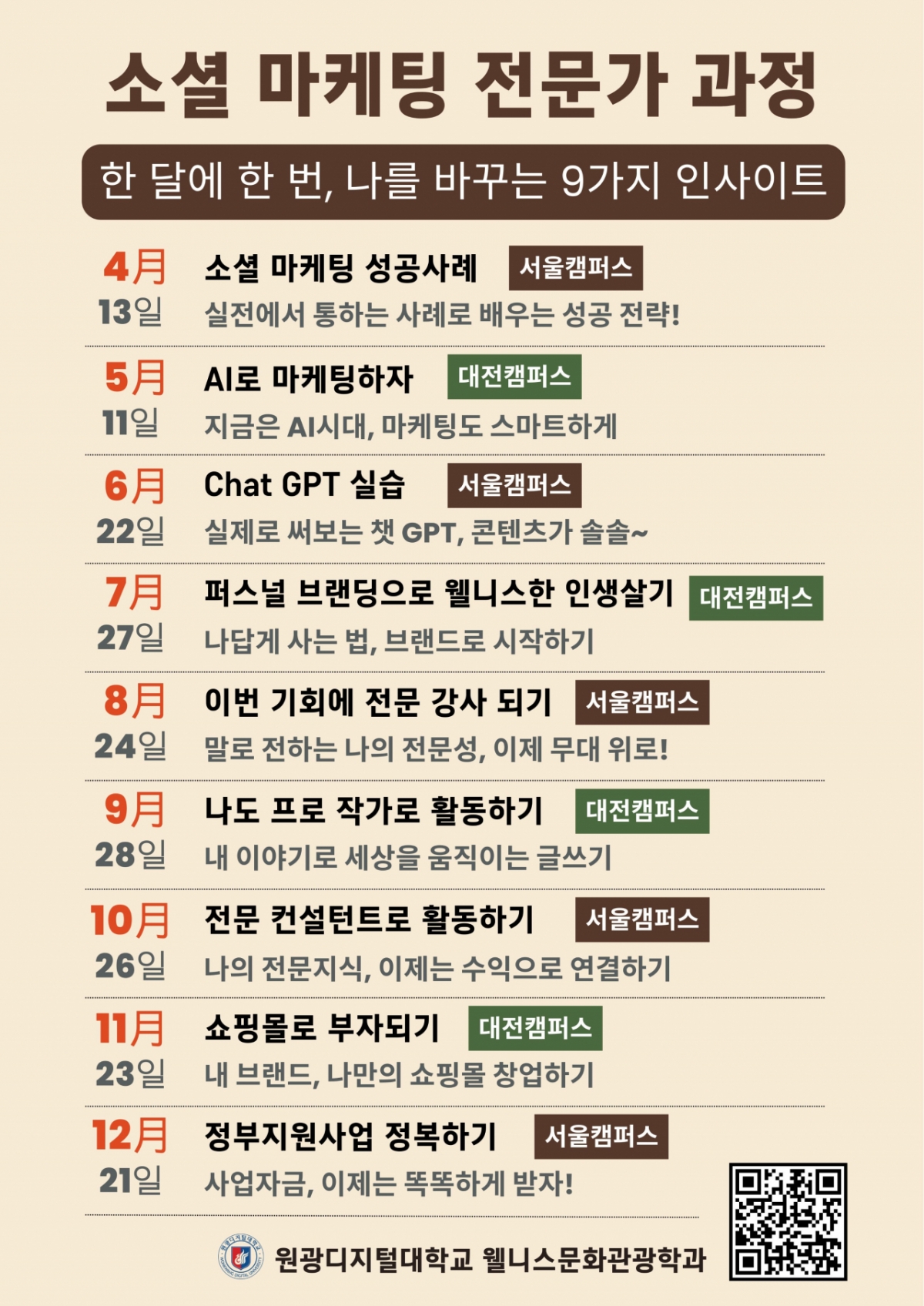 '웰니스관광 소셜 마케팅 전문가 과정' 특강 시리즈 포스터./사진제공=원광디지털대