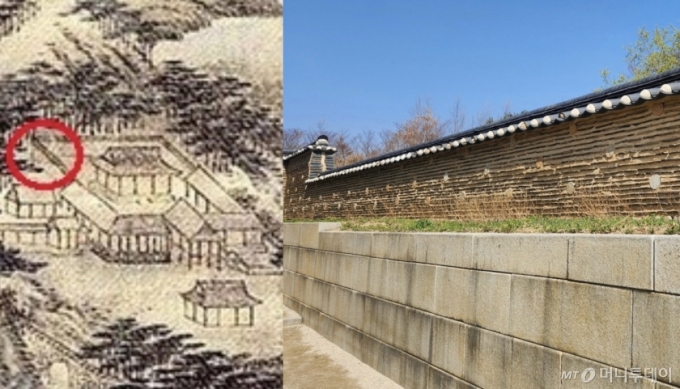 (왼쪽)낙산사 복구 시 참고한 김홍도의 '낙산사도' 작품 일부. 동그라미로 표시된 부분이 돌담 모습. (오른쪽)지난 7일 낙산사의 복원된 돌담 모습./사진=김미루 기자.