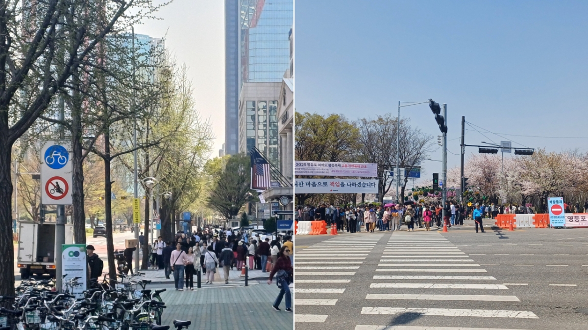 여의도 벚꽃축제가 막바지에 접어든 11일 낮 12시쯤 여의도 식당가가 직장인들과 관광객들로 한데 뒤섞여 북적거리는 모습(왼쪽). 윤중로에서 빠져나온 시민들이 식당가로 향하는 횡단보도에 서 있다(오른쪽). /사진=오석진 기자.