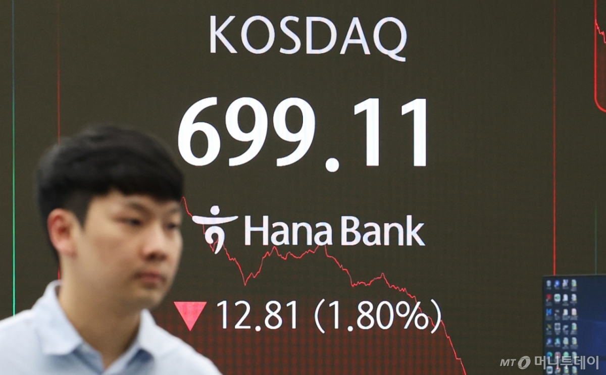 (서울=뉴스1) 오대일 기자 = 미국과 중국 간 무역 갈등 확대로 투자심리가 위축되며 코스피가 하락 마감한 16일 오후 서울 중구 하나은행 본점 딜링룸 전광판에 종가가 표시되고 있다. 이날 코스피 지수는 전 거래일 대비 29.98p(1.21%) 내린 2447.43, 코스닥 지수는 12.81p(1.80%) 내린 699.11로 마감했으며, 달러·원 환율은 1.2원 오른 1426.7원을 기록했다. 2025.4.16/뉴스1  Copyright © 뉴스1. All rights reserved. 무단 전재 및 재배포,  AI학습 이용 금지. /사진=(서울=뉴스1) 오대일 기자