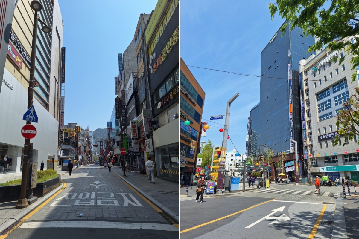 지난 16일 부산 부산진구 서면역 인근 모습. (왼쪽) 지난 1월 부산 부산진구 서면 쥬디스태화 근처에는 윤석열 전 대통령 탄핵 찬성 집회가 열렸다. (오른쪽) 비슷한 기간 부산 서면 영광도서 앞에는 윤석열 전 대통령 탄핵 반대 집회가 열렸다./사진=김지은 기자