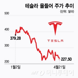 테슬라 올들어 주가 추이/그래픽=윤선정