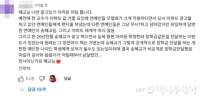 유튜브 채널 '요정재형' 송혜교 편 영상에 달린 댓글. /사진=유튜브 댓글 갈무리