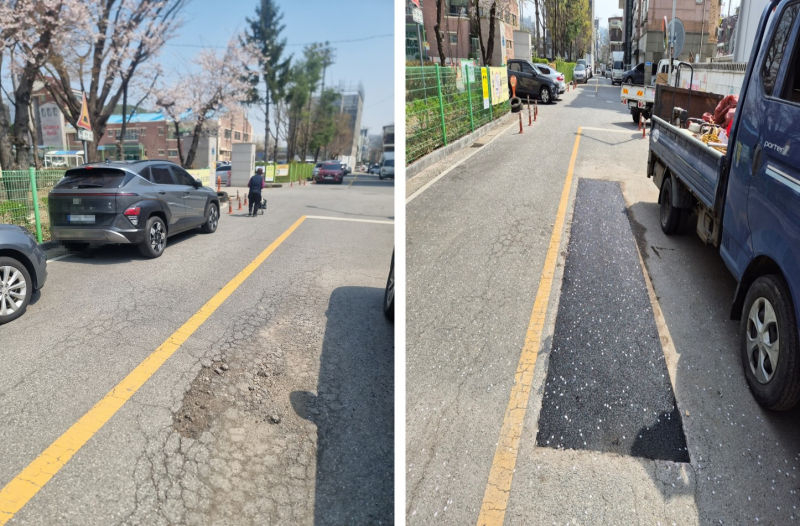 용인특례시가 보수작업을 진행한 도로의 포트홀 복구작업 전(사진 왼쪽)과 후(사진 오른쪽)의 모습./사진제공=용인시