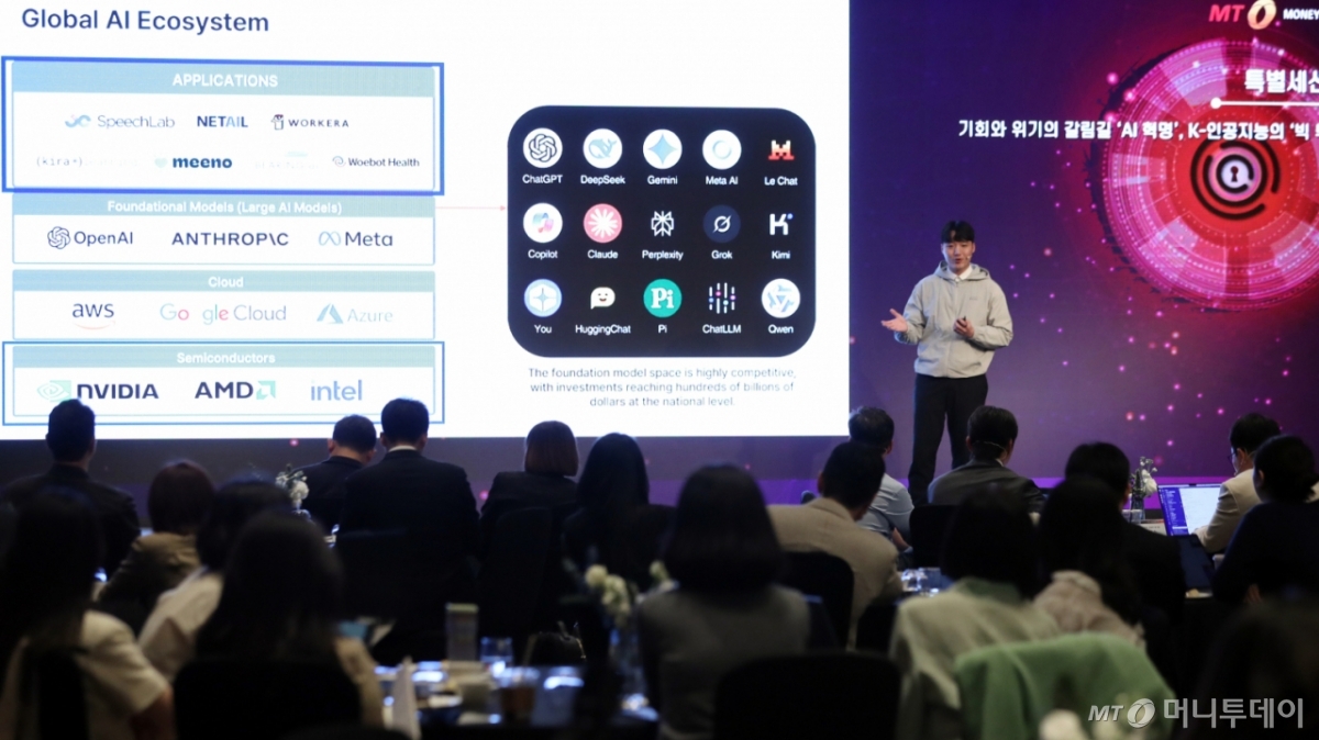 이동헌 에이슬립 대표가 24일 영등포구 콘래드 서울 호텔에서 머니투데이 주최로 진행된 '2025 키플랫폼' 특별세션에서 'AI 플랫폼 전쟁 속 살아남는 Vertical AI 전략'에 대해 발표하고 있다. /사진=이기범 기자