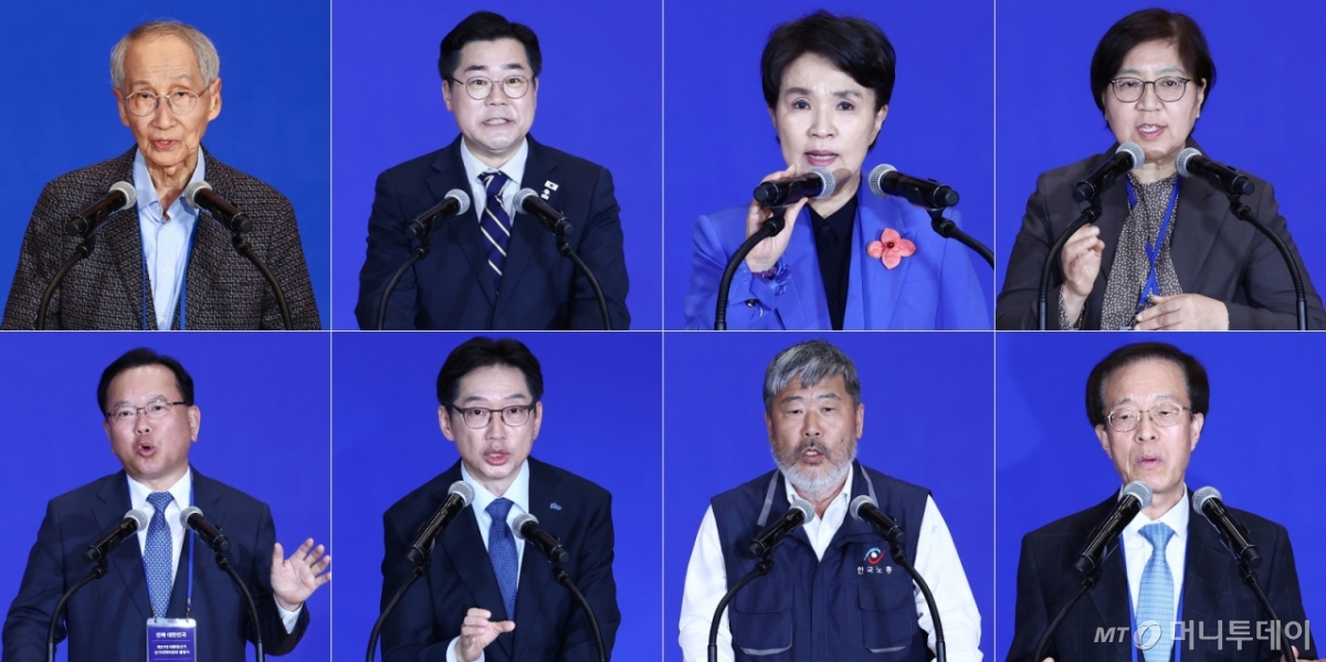 (서울=뉴스1) 김민지 기자 = 2130일 서울 여의도 국회 의원회관에서 열린 '더불어민주당 제21대 대통령선거 중앙선거대책위원회 출범식'에서 상임 총괄선대위원장을 맡은 윤여준 전 환경부 장관(왼쪽부터)과 박찬대 당대표 직무대행 겸 원내대표, 총괄선대위원장을 맡은 강금실 전 법무부 장관, 정은경 전 질병관리청장, 김부겸 전 총리, 김경수 전 경남지사, 김동명 한국노총위원장이 각오를 밝히고 있다. 2025.4.30/뉴스1  Copyright © 뉴스1. All rights reserved. 무단 전재 및 재배포,  AI학습 이용 금지. /사진=(서울=뉴스1) 김민지 기자