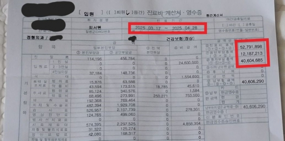 최서원씨 딸 정유리가 지난달 28일 자신의 페이스북에 게재한 최씨의 병원 진료비 계산서. 정씨는 이와 함께 후원을 요청하는 글을 올렸다./사진=정유라 페이스북