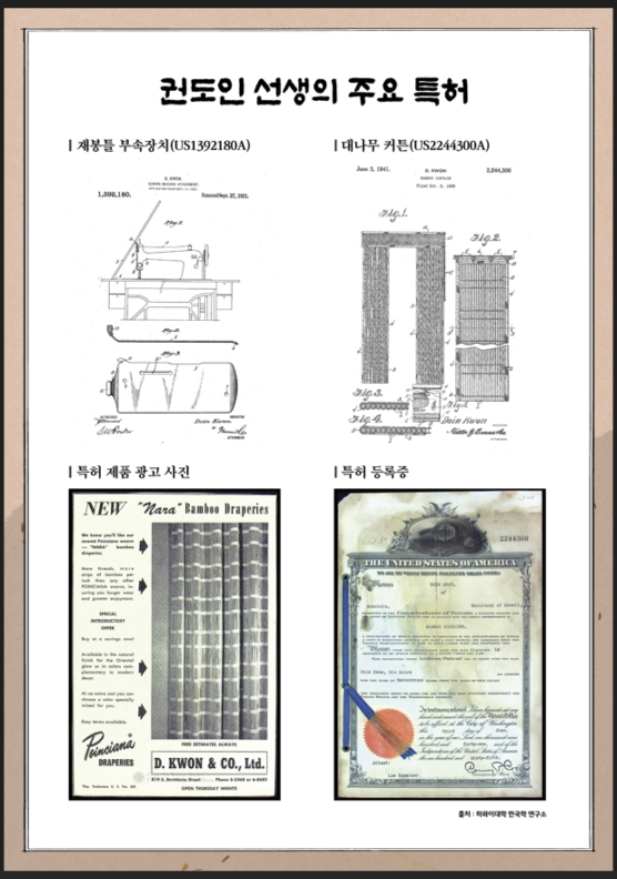 권도인 선생이 미국에 특허출원한 재봉틀 부속장치와 대나무 커튼. /사진제공=특허청