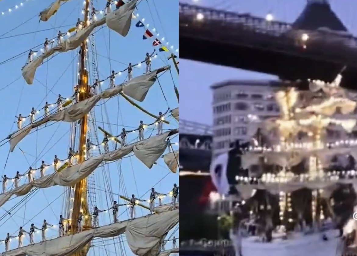 돛대 위에서 퍼포먼스를 벌이는 선원들(왼), 함정이 브루클린 다리에 부딪쳐 돛대가 부러지는 모습(오)/사진=X(옛 트위터)