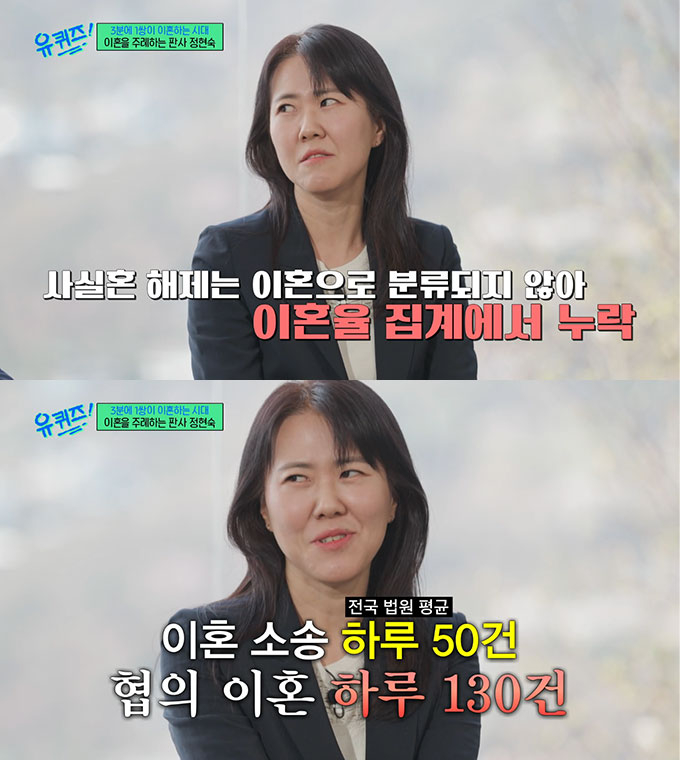 정현숙 이혼 전문 판사가 하루 이혼 소송만 50건 정도 진행하며, 협으 이혼은 하루 130건을 확인한다고 밝혔다./사진=tvN '유 퀴즈 온 더 블럭' 방송 화면