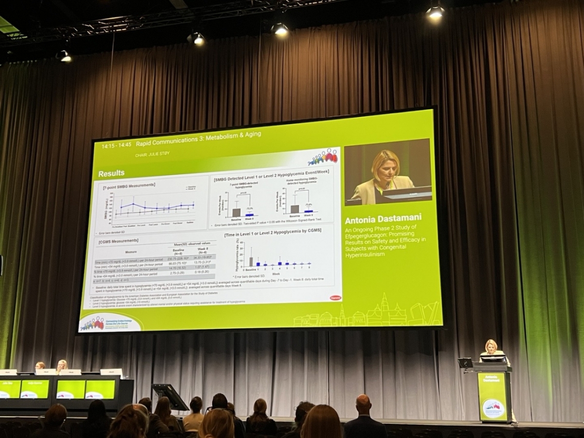 지난 11일 덴마크 코펜하겐에서 열린 유럽소아내분비학회(ESPE)와 유럽내분비학회(ESE) 공동 학술대회에서 영국 연구자인 안토니아 다스타마니 박사가 에페거글루카곤의 임상 2상 중간 분석 결과를 발표하고 있다./사진= 한미약품