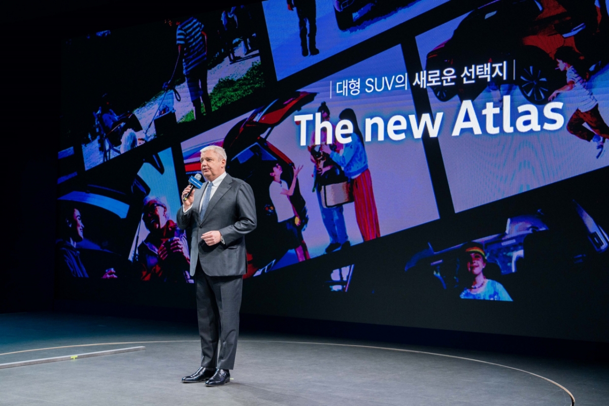 틸 셰어 폭스바겐그룹코리아 대표이사 사장이 26일 인천 중구 스튜디오파라다이스에서 열린 신형 아틀라스 미디어 론칭 행사에서 아틀라스에 대해 소개하고 있다. /사진제공=폭스바겐코리아