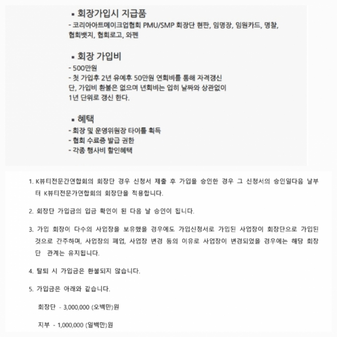 사단법인 코리아아트메이크업협회 회장 가입비(500만원)와 케이뷰티전문가연합회 회장 가입비(300만원)가 안내된 게시글. /사진=각 단체 회원 가입 안내 페이지 캡처.