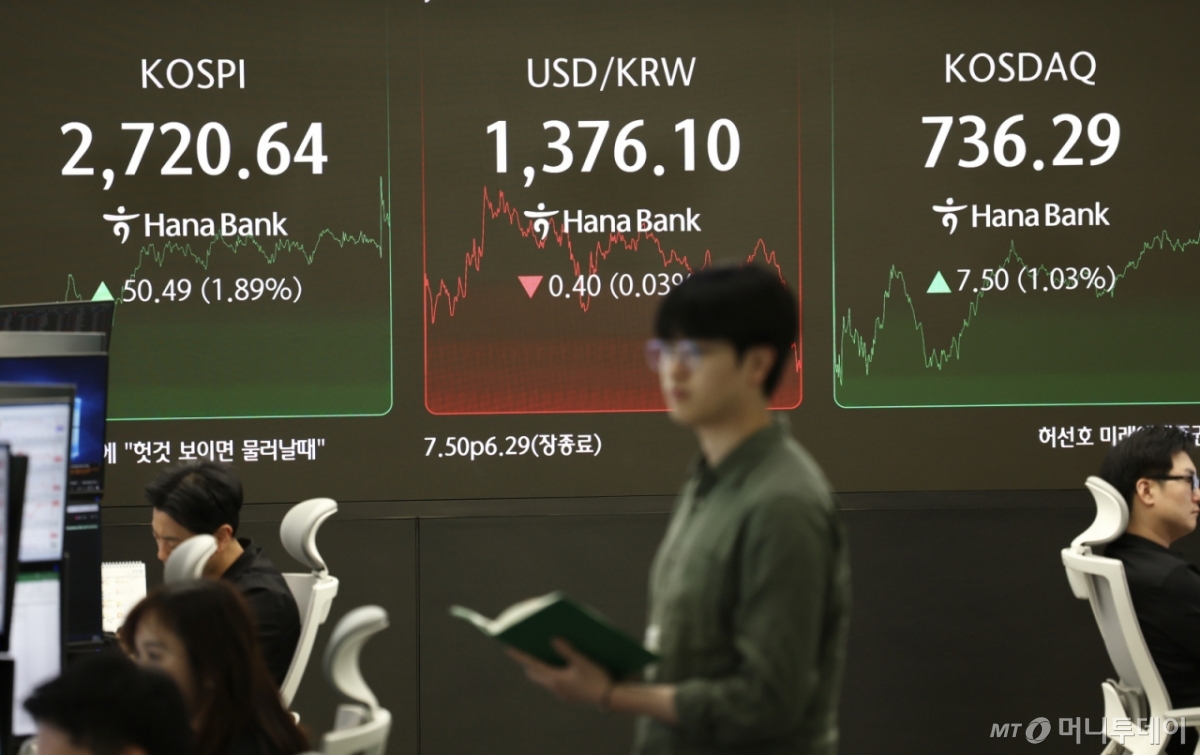  29일 오후 서울 중구 하나은행 딜링룸에서 딜러들이 업무를 보고 있다./사진=뉴시스