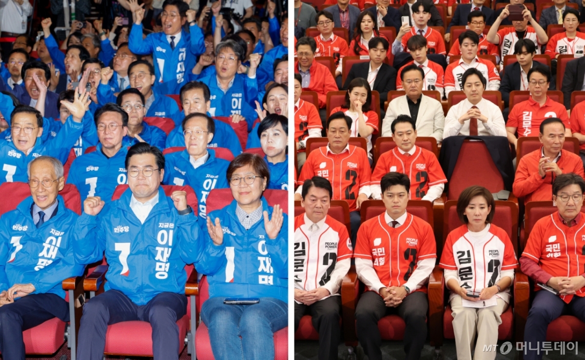 3일 오후 서울 여의도 국회 의원회관과 국회 도서관에 각각 마련된 더불어민주당과 국민의힘 제21대 대통령선거 개표상황실에서 양당 선거대책위원장 등 당직자들이 출구조사 결과를 지켜보고 있다. 2025.6.3/사진=뉴스1 /사진=(서울=뉴스1) 이광호 기자,이재명 기자