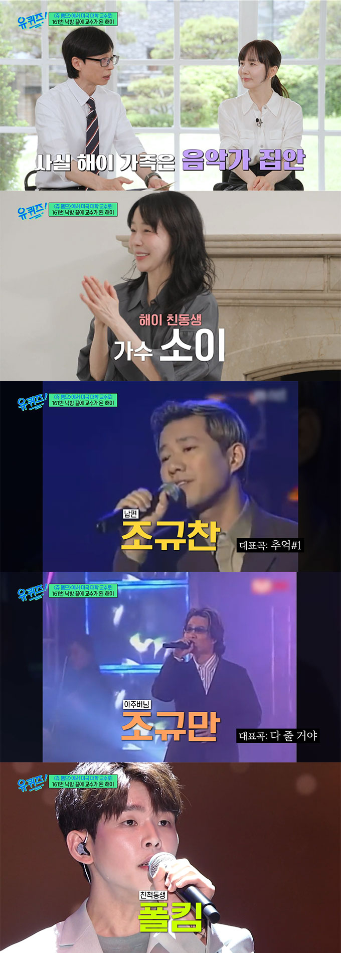 미국서 교수가 된 근황을 전한 가수 해이(47)가 음악가 집안을 자랑했다./사진=tvN '유 퀴즈 온 더 블럭' 방송 화면