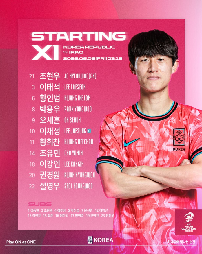 6일(한국시간) 이라크 바스라 국제경기장에서 열린 이라크와의 2026 국제축구연맹(FIFA) 북중미 월드컵 아시아 3차 예선에 나선 대한민국 축구대표팀 선발 라인업. /사진=대한축구협회