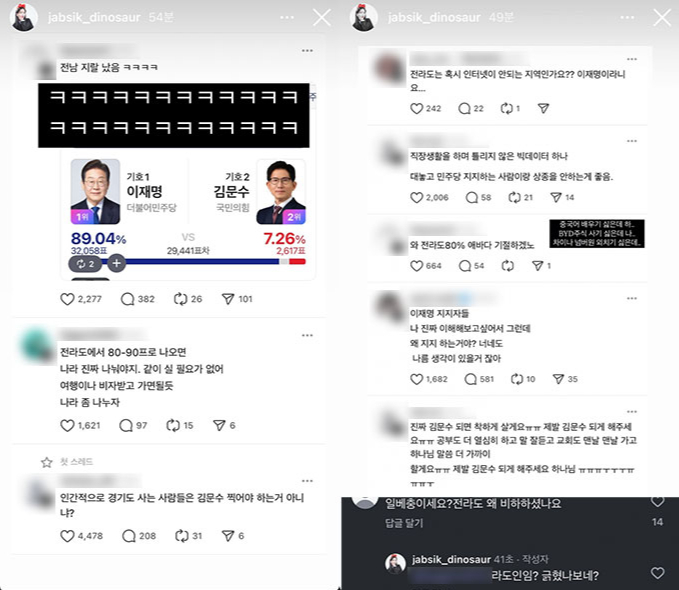 유튜버 잡식공룡은 지난 5일 자신의 인스타그램 스토리에 전라남도 한 지역의 제21대 대통령 선거 투표 결과와 지역 비하 발언이 담긴 게시물을 공유했으며, 이재명 당시 대선 후보와 더불어민주당 지지자를 비방하는 댓글을 공유하며 비방 글을 적기도 했다. 이후 잡식공룡은 자신의 유튜브 채널 커뮤니티 게시물을 통해 사과했다. /사진=잡식공룡 인스타그램