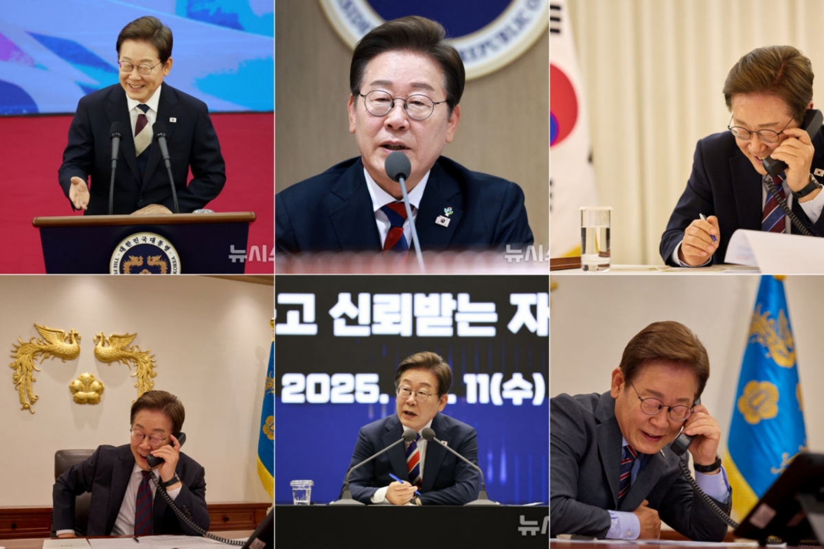 이재명 대통령이 파란색과 빨간색이 어우러진 넥타이를 매고 공식 일정을 소화하는 모습. 지난 4일 국회 취임선서식(왼쪽 위), 5일 국무회의(가운데 위), 6일 도널드 트럼프 미국 대통령과 통화(오른쪽 위), 10일 시진핑 중국 국가주석과 통화(왼쪽 아래), 11일 한국거래소 간담회(가운데 아래), 12일 르엉 끄엉 베트남 국가주석과 통화(오른쪽 아래). / 사진제공=뉴시스