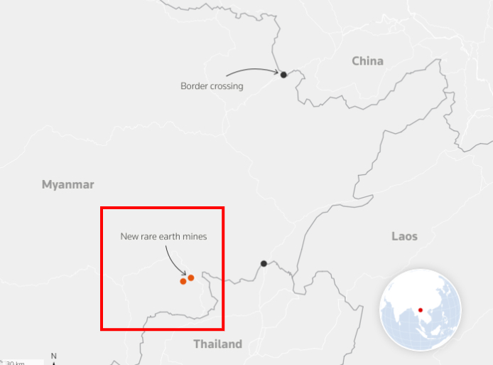 중국이 미얀마 동부 샨주 산악지대에서 새롭게 개발 중인 것으로 알려진 희토류 광산 위치 /로이터=뉴스1