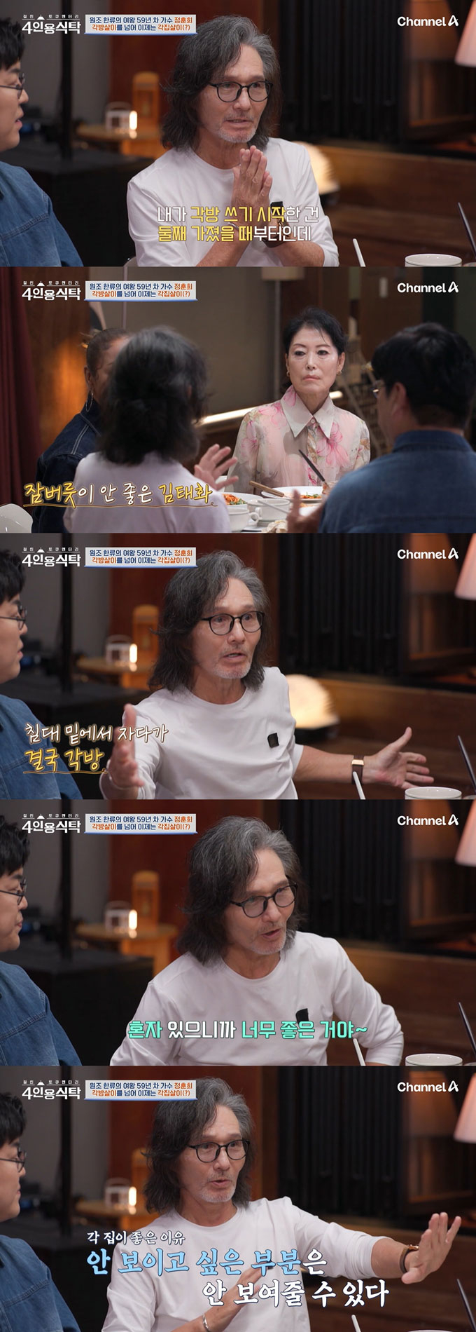 가수 김태화가 아내 정훈희와 각방 살이를 하다 지금은 각집 살이 중이라며, 따로 지내는 생활의 장점을 밝혔다. /사진=채널A '절친 토큐멘터리 4인용 식탁' 방송 화면