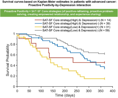 Kaplan–Meier 생존곡선_긍정적 대처 전략이 낮고 우울증이 있는 환자군(노란색)의 1년 생존율이 가장 낮았고, 대처 전략이 높은 환자군(빨간색, 파란색)에서는 우울증 유무에 따른 생존율 차이가 거의 없었다./사진=서울대병원