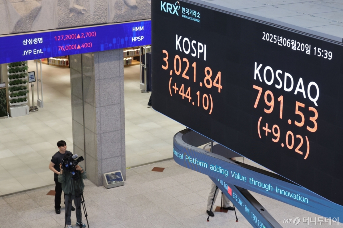  20일 오후 서울 여의도 한국거래소 서울사무소 마켓스퀘어에 지수가 표시돼 있다. /사진=뉴시스