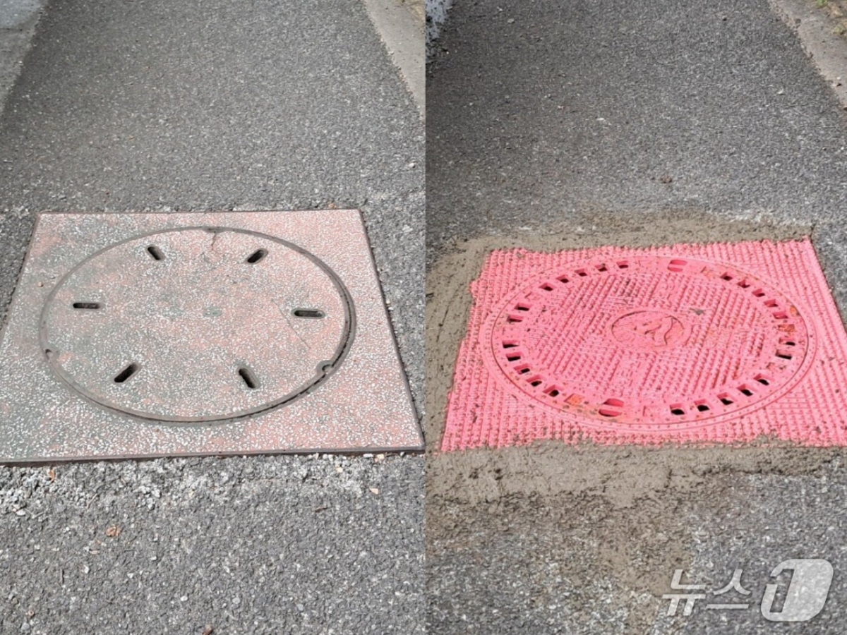 조화 맨홀뚜겅(왼쪽)과 주철 맨홀뚜껑(오른쪽)의 모습./사진=뉴스1