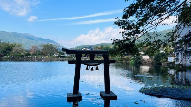 일본 유후인(由布院) 지역의 긴린코(金鱗湖, 긴린호수). 호수 한가운데 놓인 작은 도리이(신사 입구에 세우는 전통적인 일본식 문)가 인상적인 풍경으로, 유후인을 대표하는 포토존 중 하나다/사진=테라투어  