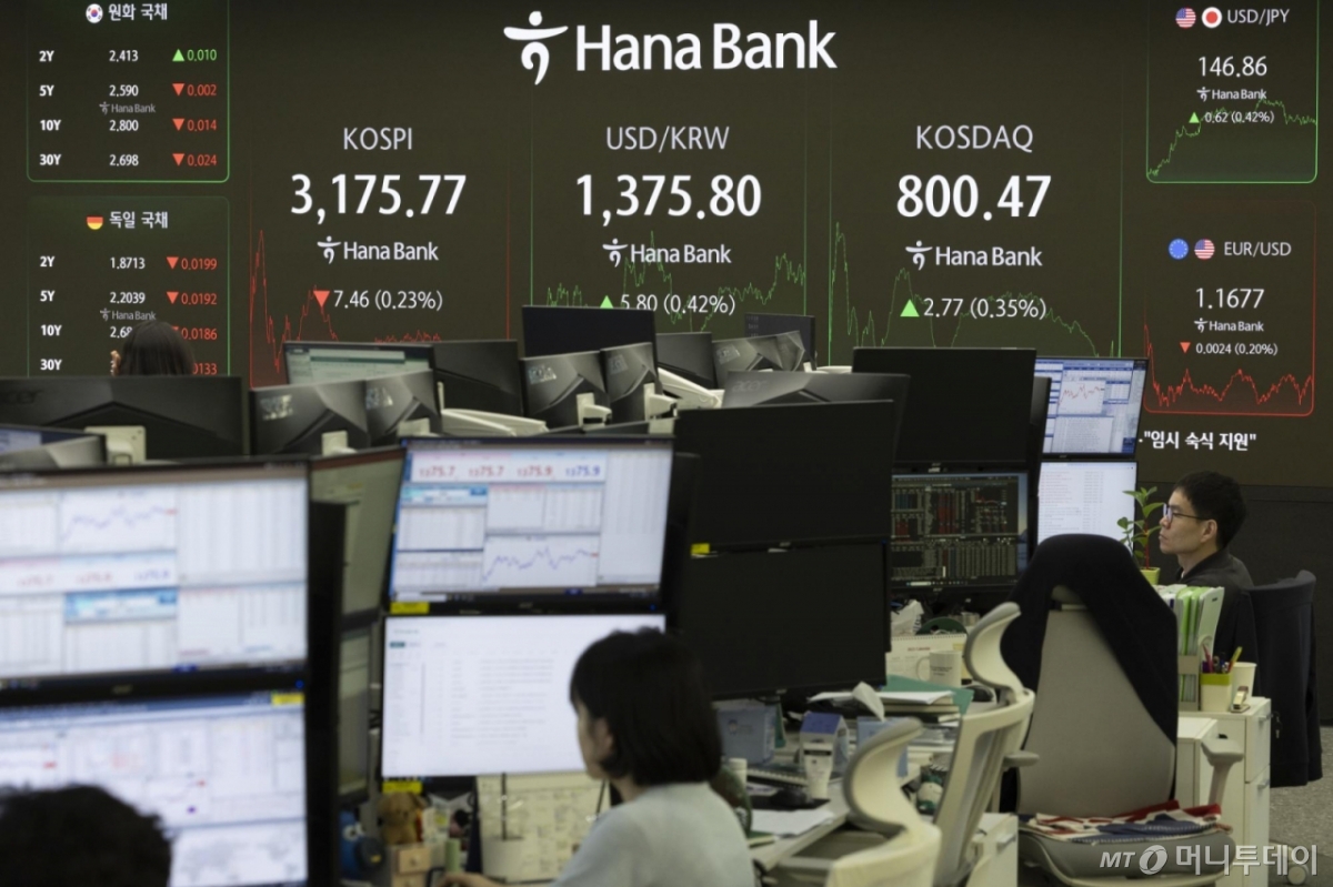 11일 서울 중구 하나은행 본점 딜링룸 전광판에 지수가 나오고 있다. /사진=뉴시스