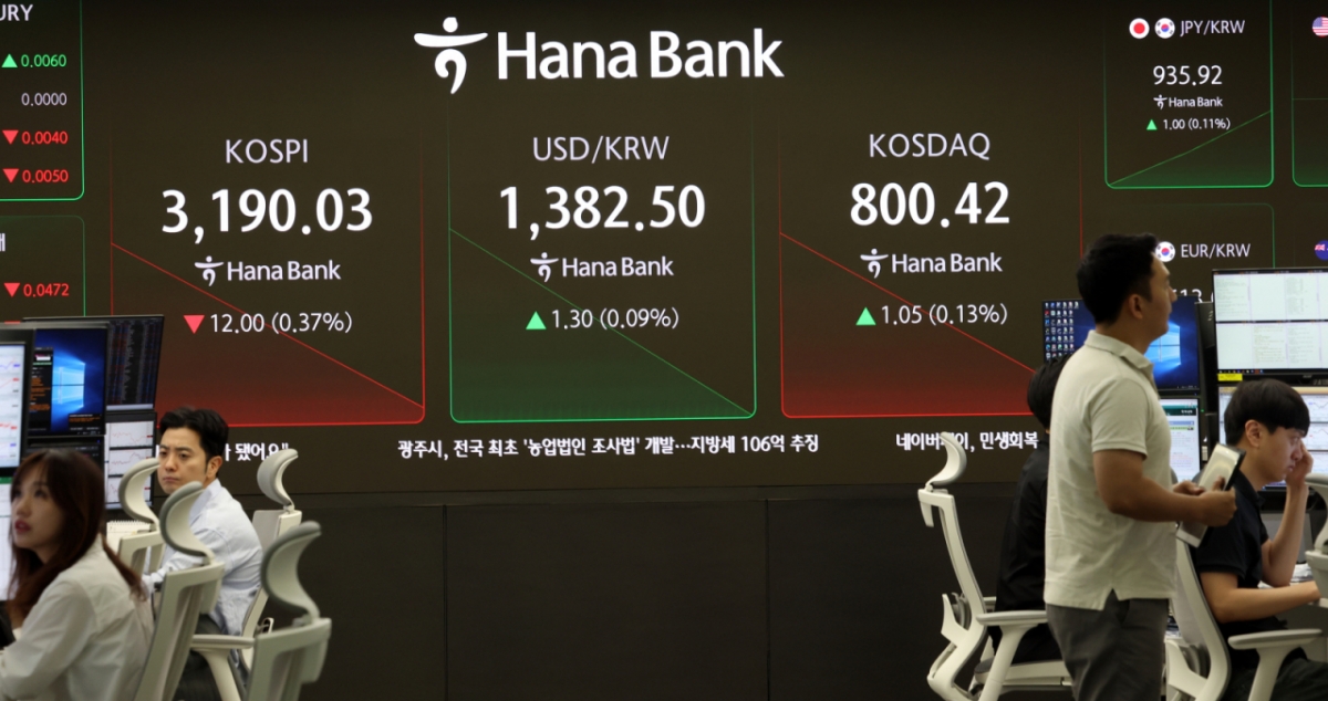 (서울=뉴스1) 김명섭 기자 = 15일 오전 서울 중구 하나은행 본점 딜링룸 전광판에 코스피 지수가 전 거래일 대비 12.00P(0.37%) 하락한 3,190.03을, 코스닥 지수는 1.05P(0.13%) 상승한 800.42를 나타내고 있다. 2025.7.15/뉴스1  Copyright © 뉴스1. All rights reserved. 무단 전재 및 재배포,  AI학습 이용 금지. /사진=(서울=뉴스1) 김명섭 기자