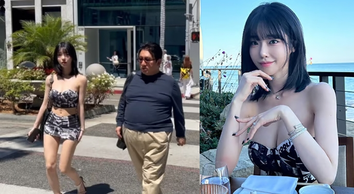 방시혁 하이브 의장(왼쪽 사진 오른쪽)이 여성 BJ 과즙세연(본명 인세연)과 함께 미국 로스앤젤레스 거리를 걷고 있는 모습. /사진=유튜브 채널 'I am WalKing' 캡처, 과즙세연 인스타그램