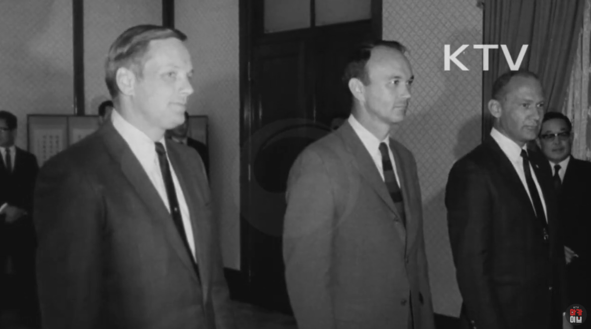 1969년 11월 대한민국을 찾은 '아폴로 11호' 우주비행사 닐 암스트롱, 마이클 콜린스, 버즈 올드린의 모습. /사진=유튜브 채널 'KTV아카이브'