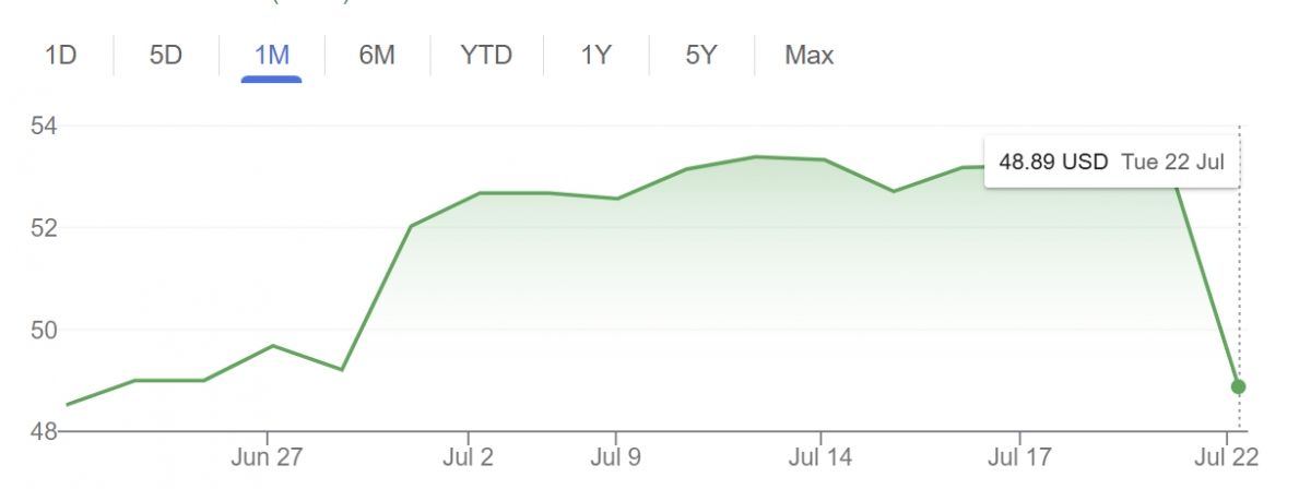 22일(현지시간) 기준 최근 한 달 간 미국 뉴욕증시에서의 GM 주가 추이 /사진=구글