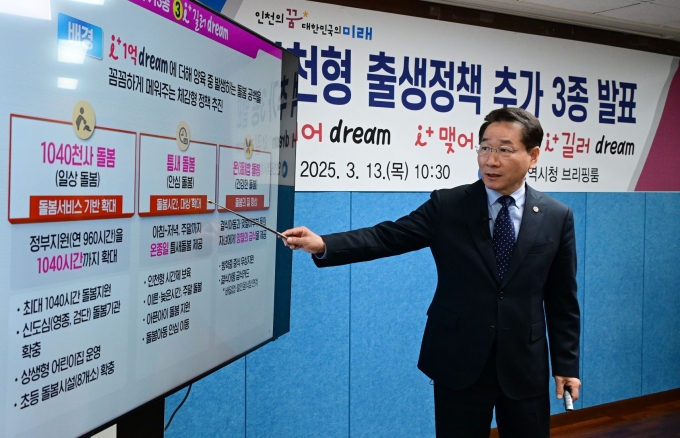 지난 3월 13일, 인천광역시청 브리핑룸에서 유정복 인천광역시장이 대한민국 저출생 문제 해결을 위한 인천형 출생정책 추가 3종을 발표하고 있다./사진제공=인천광역시