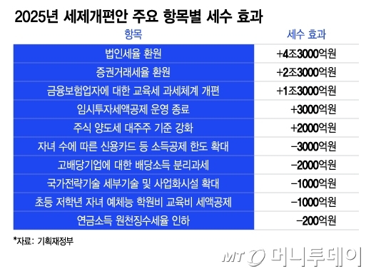2025년 세제개편안 주요 항목별 세수 효과/그래픽=이지혜