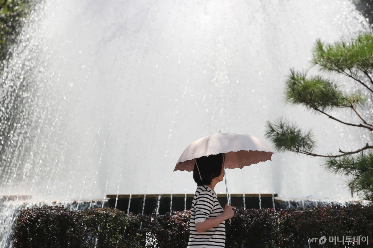 (대구=뉴스1) 공정식 기자 = 폭염이 계속된 1일 대구 중구 대구시청 동인청사 앞에서 한 시민이 양산을 펼쳐 뙤약볕을 가린 채 분수대를 지나고 있다. 2025.8.1/뉴스1  Copyright © 뉴스1. All rights reserved. 무단 전재 및 재배포,  AI학습 이용 금지. /사진=(대구=뉴스1) 공정식 기자