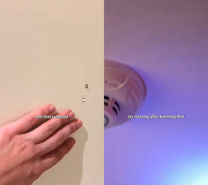 A씨는 공중화장실에서 발견했다는 '몰카 구멍'도 공개했다. 다만 이는 경첩이나 잠금쇠, 휴지걸이 등을 뗐다 붙였다 하는 과정에서 생긴 구멍으로, 몰래카메라와는 관련이 없었다. /사진=틱톡 캡처