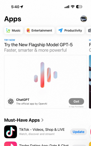  오픈AI이 새로 공개한 GPT-5가 애플 앱스토어의 '사용해 보세요(TRY NOW)' 영역에 배치된 이미지. /사진=일론 머스크 X 